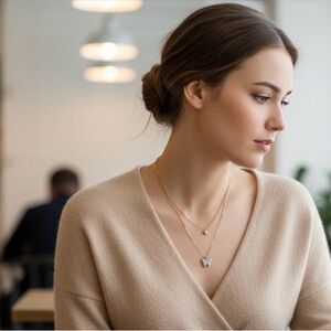 Silver Tone Layered Butterfly Necklace Double Chain